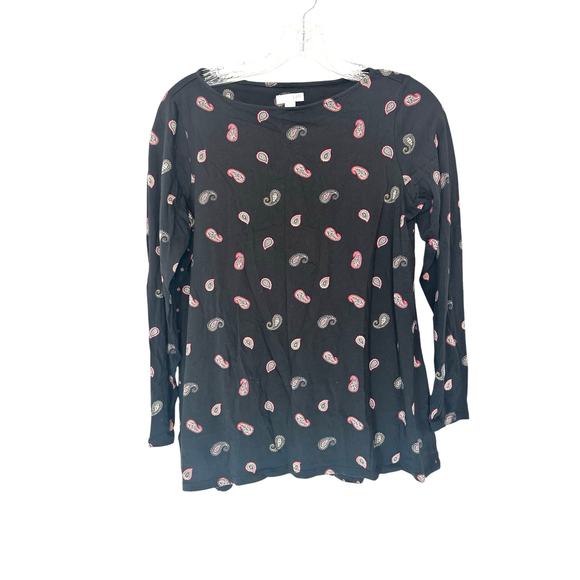 J. Jill Top Black Paisley Print Crewneck 3/4 Sleeve Casual Soft Stretch Small - Picture 1 of 11